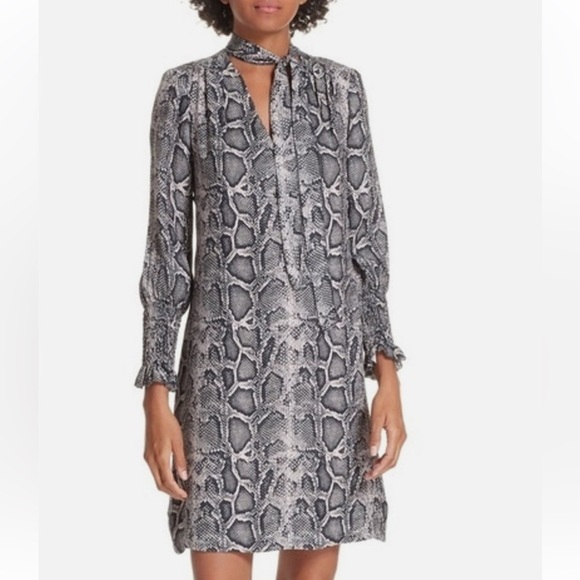 Rebecca Taylor Sz 0 Dress Silk Grey Pink Long Sleeve Tie V-neck Python Snake - Picture 6 of 6
